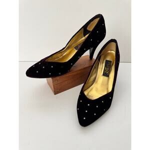 Flings 8M Dark Burgundy Studded Pumps Velvet Pointed Toe Vintage Dress Heels